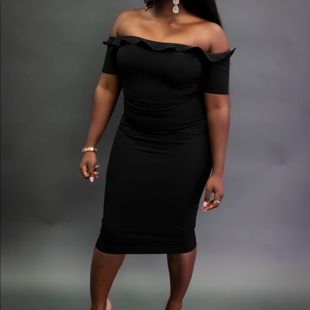 Classic black off shoulder midi dress